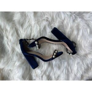Qupid Heels woman's size 8  Blue Velvet Ankle Strap  with Pearl‎ Accents